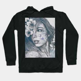 Mascara blue | woman face drawing with white flowers Hoodie